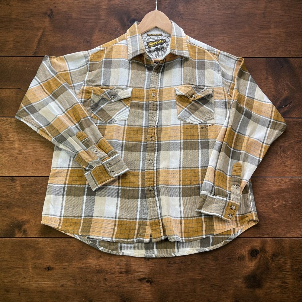 Vintage Y2K Billabong Mens (L) Plaid Flannel Pearl Snap Shirt Yellow Grey